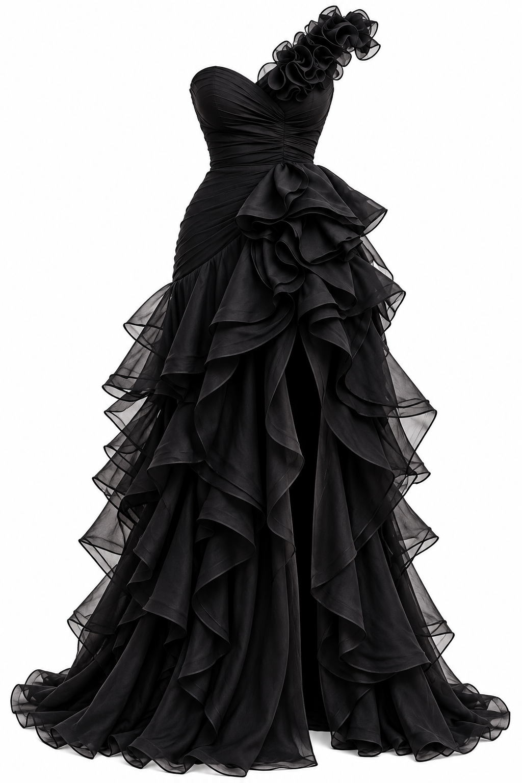 Isabella Black One-Shoulder Ruffle Maxi Dress