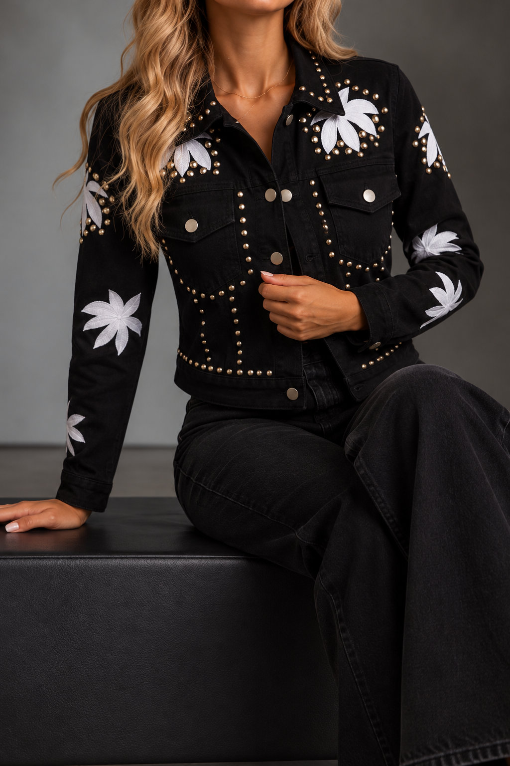 Aurelia Black Floral Embroidered Studded Denim Jacket