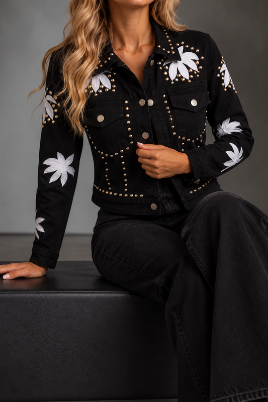 Aurelia Black Floral Embroidered Studded Denim Jacket