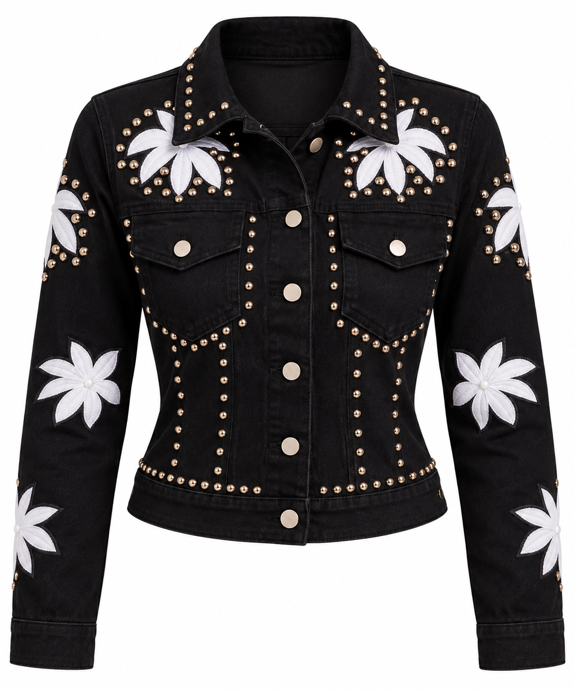 Aurelia Black Floral Embroidered Studded Denim Jacket