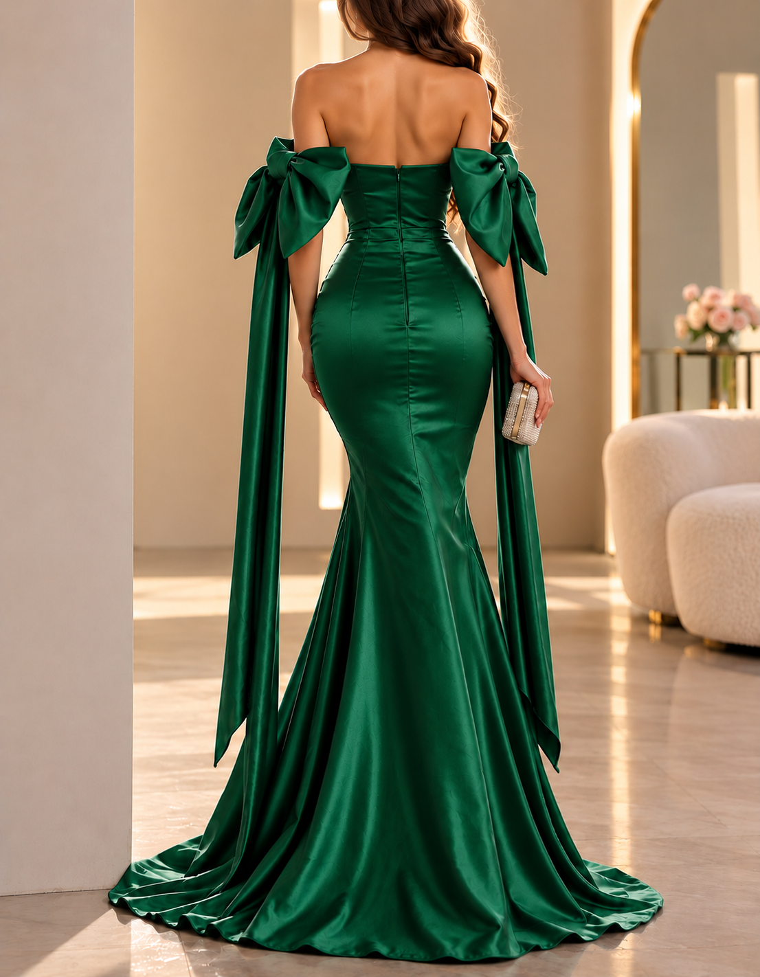 Isabella Emerald Green Off-Shoulder Bow Satin Mermaid Maxi Dress