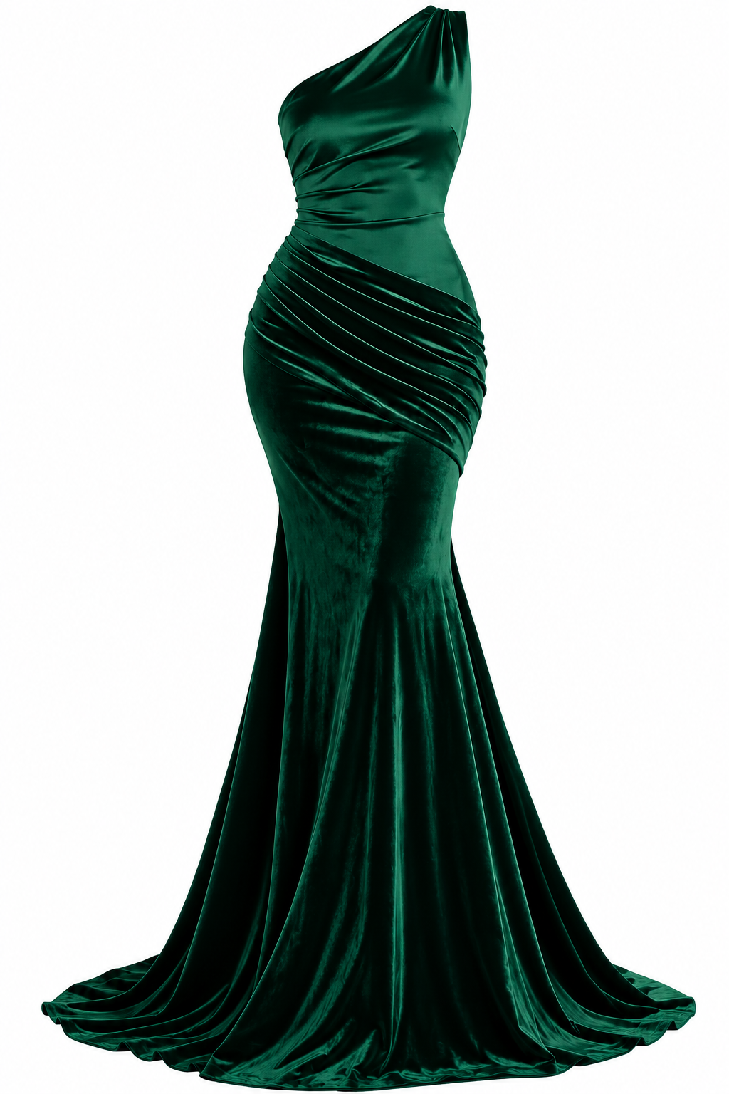 Elena Emerald Green One-Shoulder Ruched Velvet Mermaid Maxi Dress