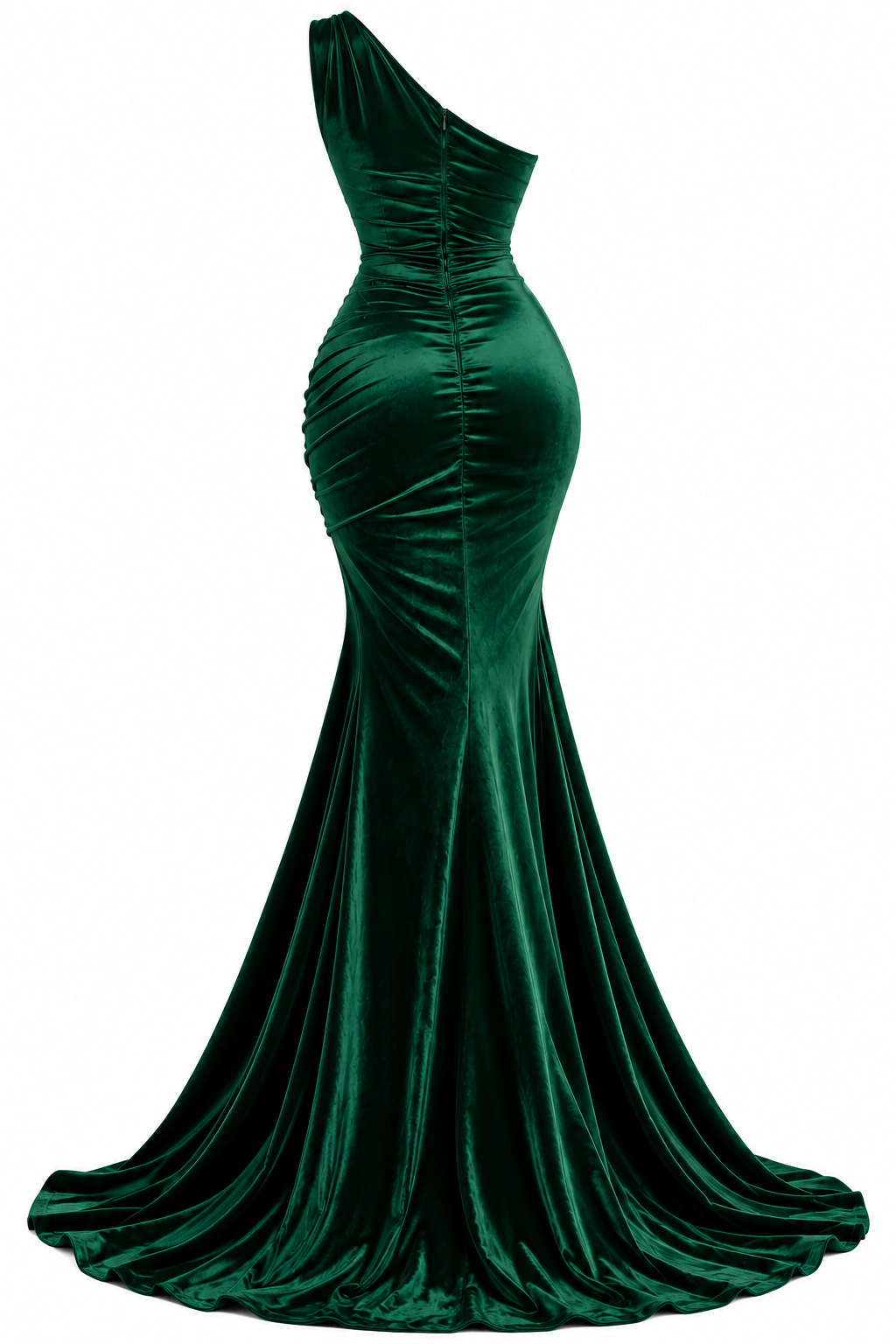 Elena Emerald Green One-Shoulder Ruched Velvet Mermaid Maxi Dress