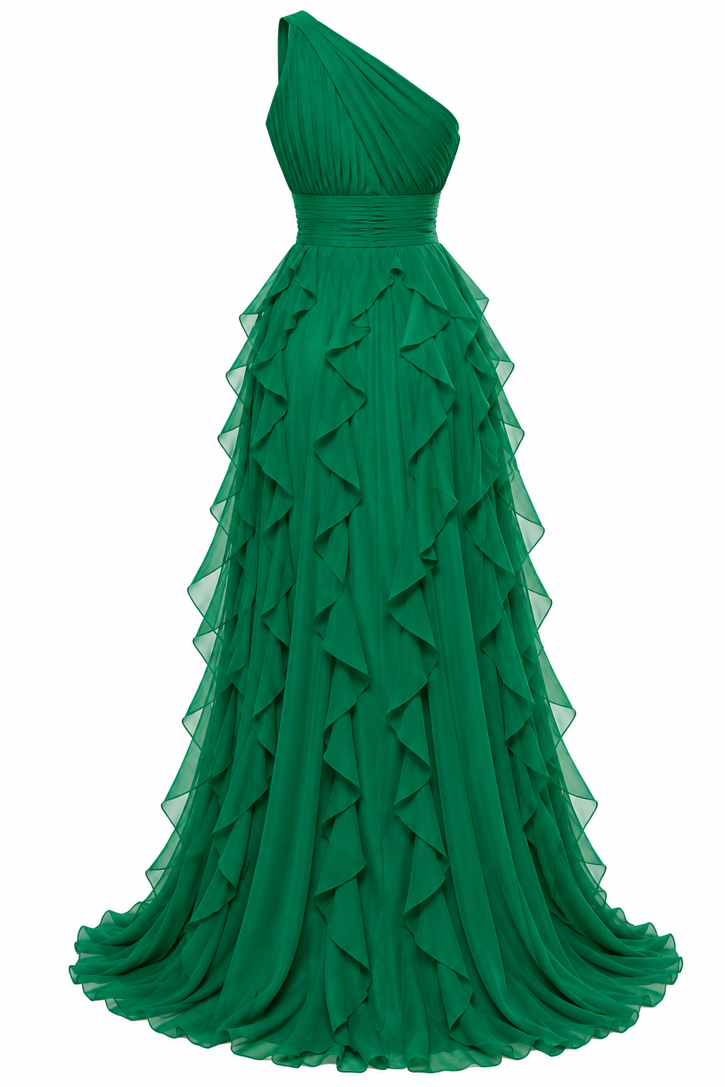 Elara Emerald Green One-Shoulder Ruffle Maxi Dress