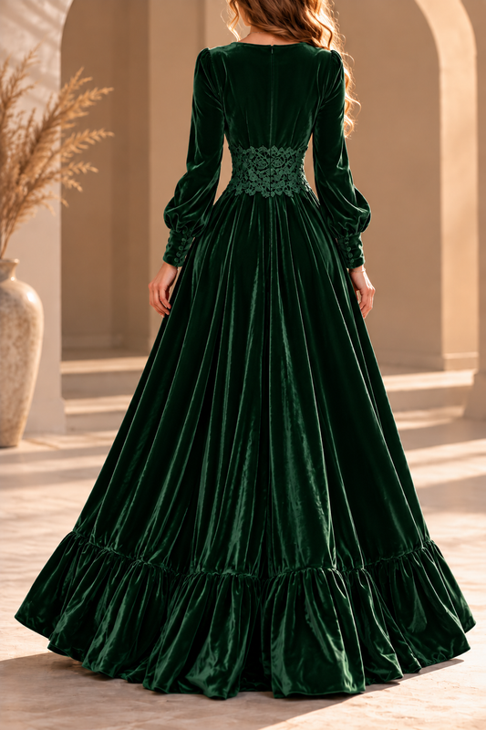 Seraphina Forest Green Velvet Lace Waist Maxi Dress