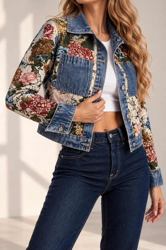 Rosalie Floral Tapestry Denim Cropped Jacket