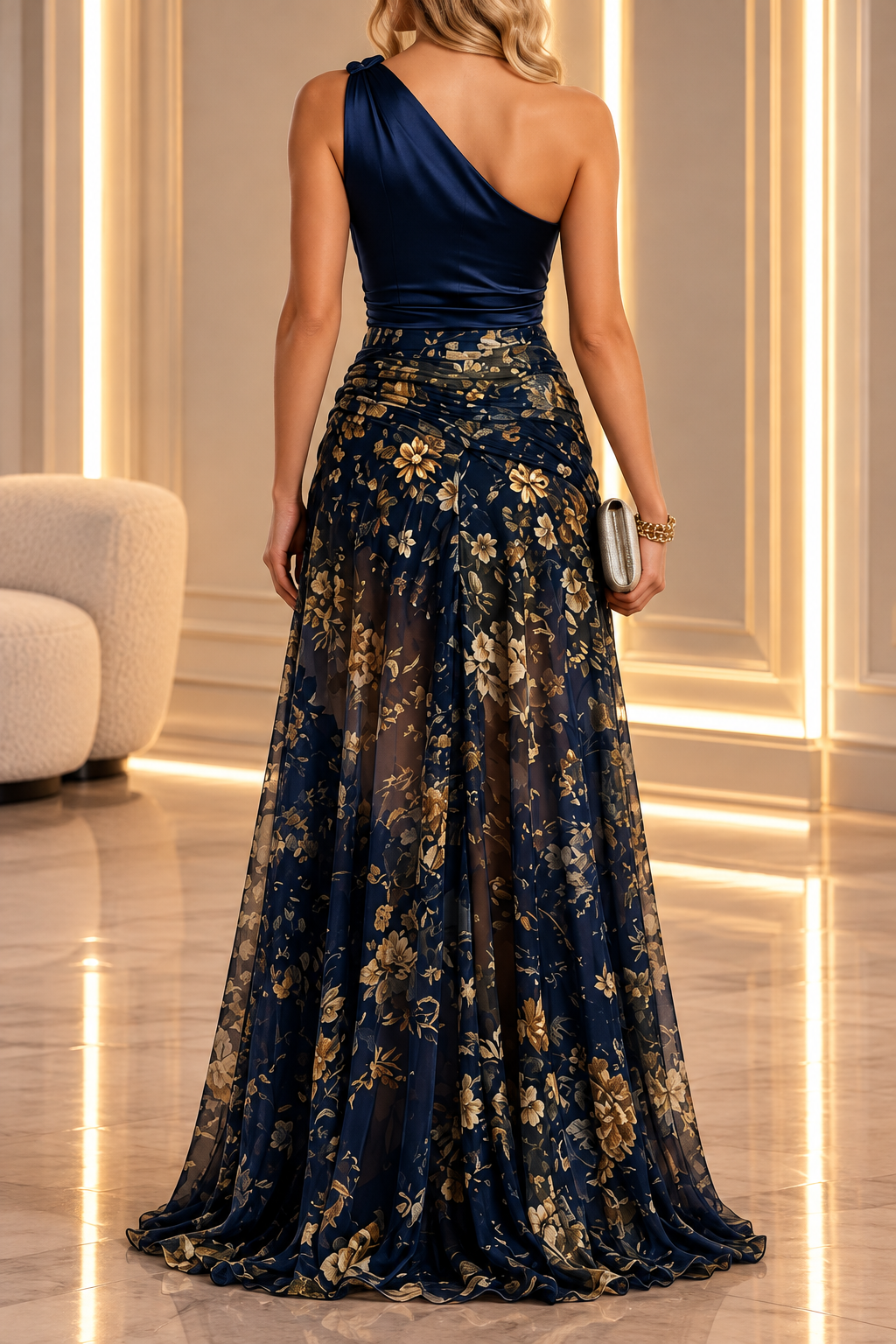 Celestia Navy Blue One-Shoulder Floral Maxi Dress