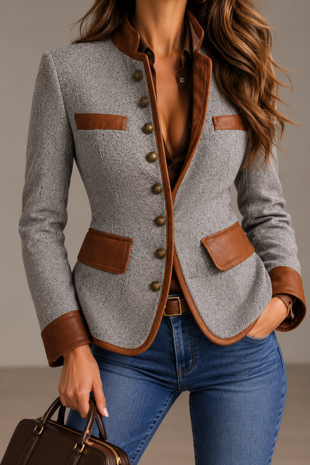 Sienna Gray Herringbone Blazer with Brown Leather Trim