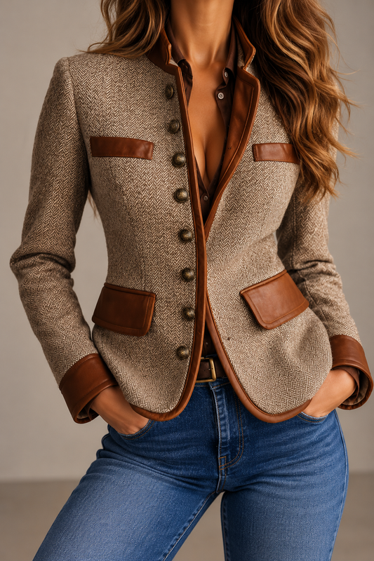 Sienna Gray Herringbone Blazer with Brown Leather Trim