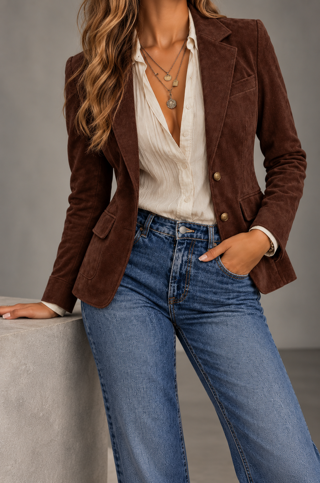 Elara Chocolate Brown Suede Tailored Blazer