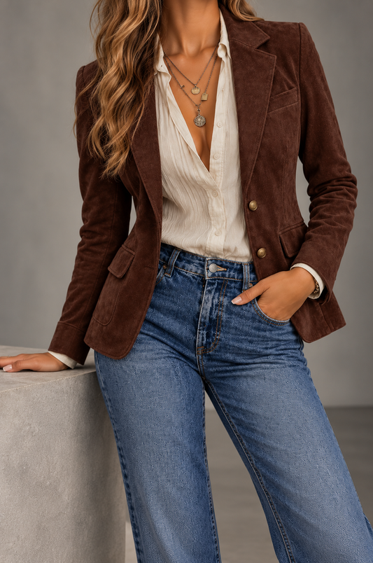 Elara Chocolate Brown Suede Tailored Blazer