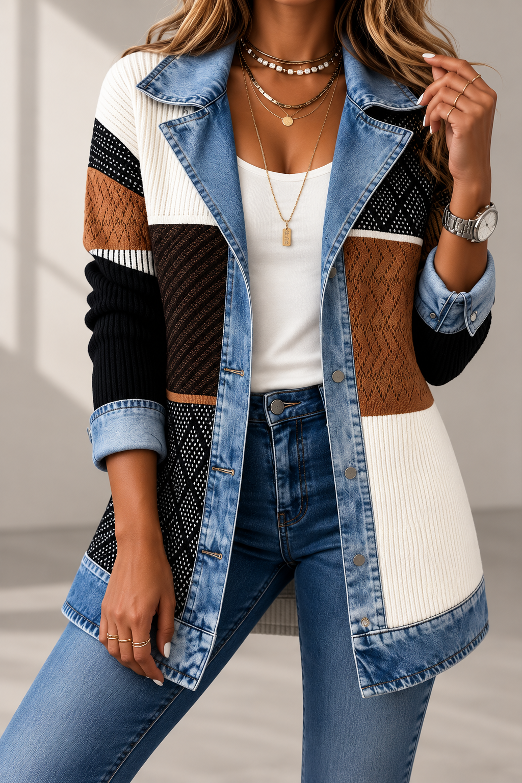 Amara Navy Ribbed Knit & Denim Trim Jacket