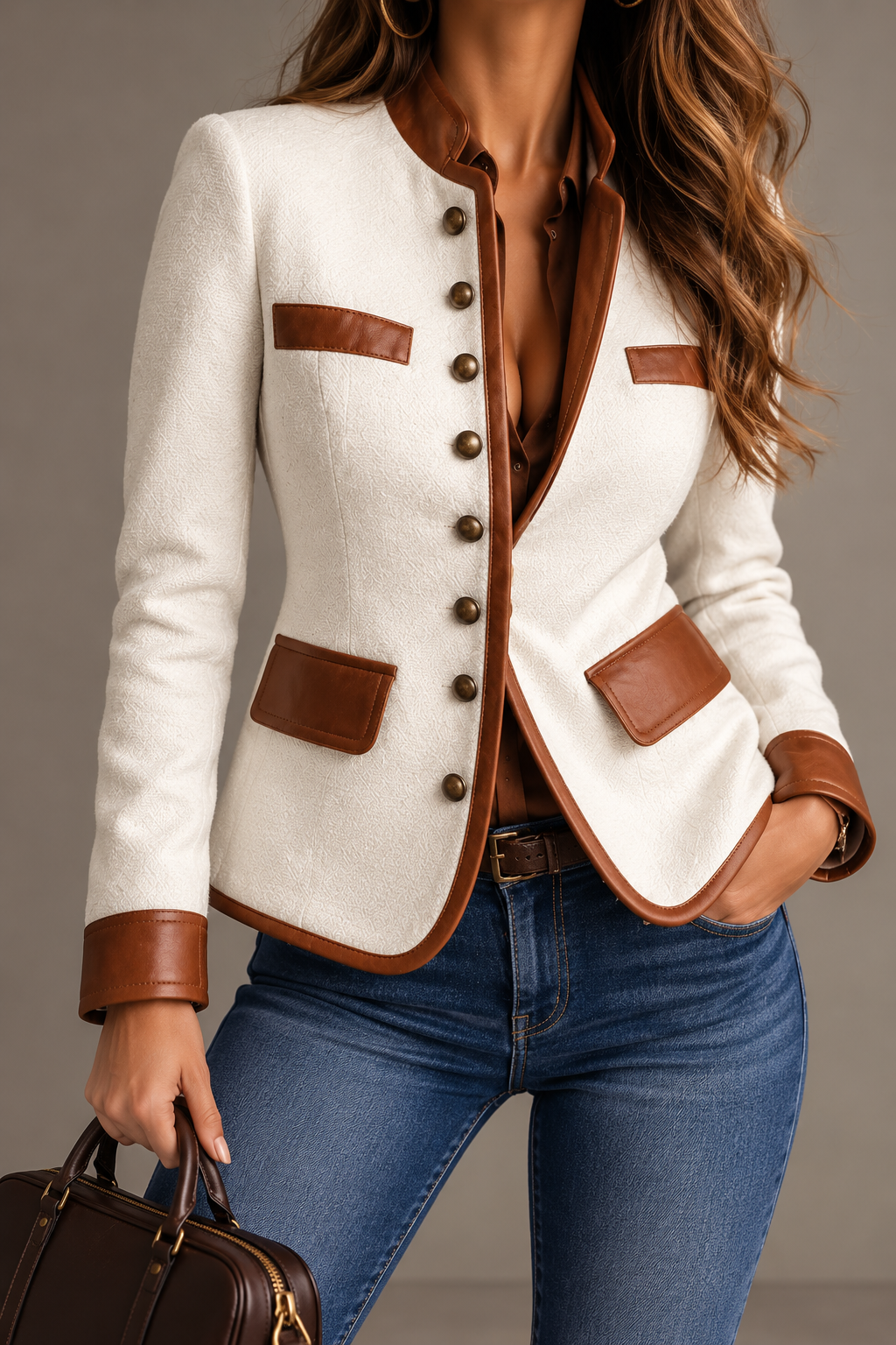 Sienna Gray Herringbone Blazer with Brown Leather Trim