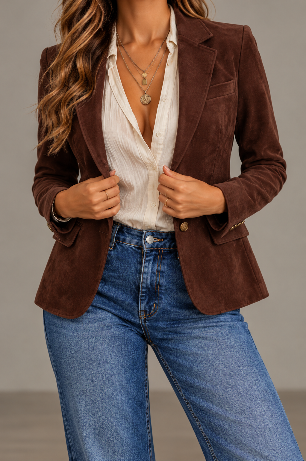 Elara Chocolate Brown Suede Tailored Blazer