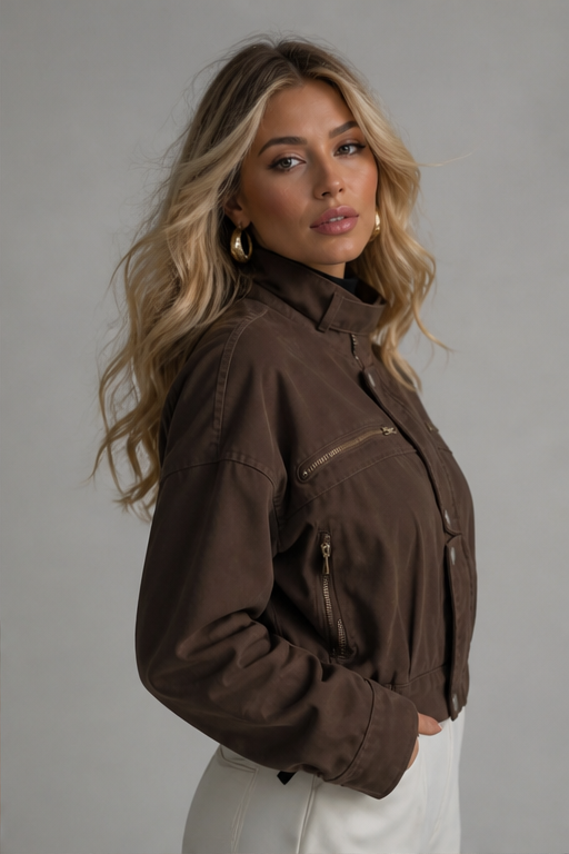 Bomber Jacket with High Collar and Zip Detail